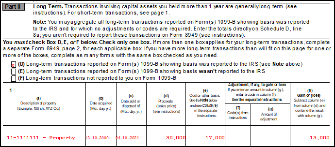 Image of "Part II" section on Form 8949